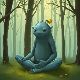 a lonely monster sits in the woods meditating. a yellow finch is on his shoulder.