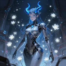 detailed, sharp, dreaming humanoid female automata with glowing blue horns wearing gothic ornament surrounded by glowing white flowers floating above a dystopia by Anna Dittmann and Ilya Kuvshinov and and studio ghibli and WLOP and Rossdraws, digital art, surreal, trending on artstation, anime arts, featured on Pixiv, blue lighting, HD, 8K, highly detailed, good lighting, beautiful, epic, masterpiece