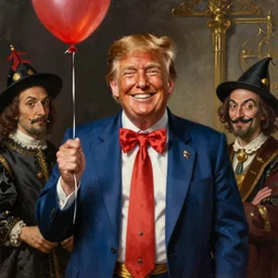 oil portrait of president donald trump as a historic clown. smiling widely, holding a balloon. historic portrait. oil painting, highly detailed, centered, artstation, concept art, smooth, sharp focus, illustration, artgerm, vermeer, hans holbein, titian, salvador dali, hieronymus bosch, frans hals, rembrandt