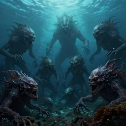 a creepy underwater image of terrible monsters / creatures of the depths, swarming at the bottom of the ocean in an insane frenzy, matte painting, ultra wide shot, sharp focus, wallpaper art, dramatic lighting, artwork by shan qiao, albert bierstadt and murata ranga