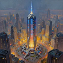 oil painting a futuristic free energy generator in a mega city, power, brutal, octane rendering, trending on artstation, michael whealan and james gurney