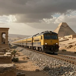 Film still, establishing shot of a train as it moves along a railway through ancient Egypt