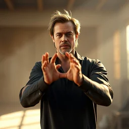 a photorealistic photograph of brad pitt standing in an a pose. the top of his hands are visible. bright scene. fine detail. this 4 k hd image is trending on artstation, featured on behance, well - rendered, extra crisp, features intricate detail, epic composition and the style of unreal engine.