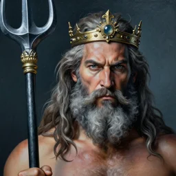 detailed close up portrait Poseidon, the god of the sea, with trident and crown, matte painting, photorealistic, dark colors