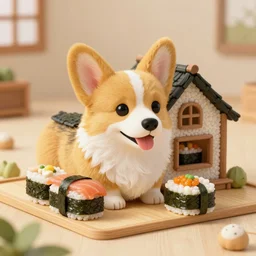 a cute corgi lives in a house made out of sushi.