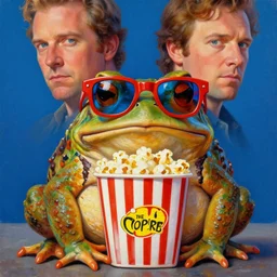 hyper realistic oil painting movie poster of a fat toad wearing anaglyph red - blue glasses with popcorn pot, vibrant colors, high contrast, by greg rutkowski and denis villeneuve, trending on artstation
