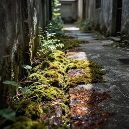 Taiwan holiday alleyway concrete rust mould moss cinematic abandoned nature plants split lighting shallow depth of field 40mm lens