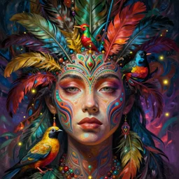 A reality bending psychedelic ayahuasca experience, colorful, distorted, surreal, tropical bird feathers, dramatic lighting on the face, intricate, elegant, highly detailed, digital painting, concept art, smooth, sharp focus, fireflies illuminate small parts,  illustration, art by Krenz Cushart and Wayne Barlowe and Jon Foster