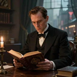 , h p lovecraft reading an ancient tome at a victorian study hyperrealistic portrait, bladerunner street, art of elysium by jeremy mann and alphonse mucha and greg rutkowski, fantasy art, photo realistic, dynamic lighting, artstation, poster, volumetric lighting, very detailed face, 4 k, award winning