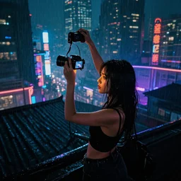 cyberpunk city at night, night clubs and neons, rain, camera above roofs, girl under lantern
