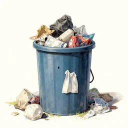 full view, from a distance, of anthropomorphic trashcan, full of trash, style of yoshii chie and hikari shimoda and martine johanna, highly detailed