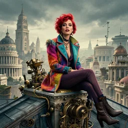 movie closeup a colorful fashion icon is sitting on the top of a roof. the amazing floating neoclassical city, fantasy, steampunk, intricate, amazing composition, gloomy by emmanuel lubezki