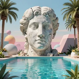 David Ligare masterpiece, hyperrealistic surrealism, award winning masterpiece with incredible details, epic stunning, infinity pool, a surreal vaporwave liminal space, highly detailed, trending on ArtStation, broken giant marble head statue ruins, calming, meditative, geometric liminal space, palm trees, very vaporwave, very very surreal, sharp details, artgerm and greg rutkowski and alphonse mucha, daily deviation, IAMAG
