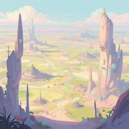 a scifi landscape digital painting by Dan Mumford, by Tokio Aoyama,trending on artstation,intricate,2d,4k,pastel colors