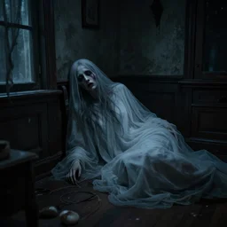 a innatural and tragic dead ghost in a room of a haunted house. realistic, cinematic lighting, octane tender, dark - art