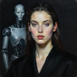 hyperrealism oil painting, close - up portrait, fashion model in front and melting cyborg in distance, black robe, complete darkness, in style of classicism mixed with 8 0 s sci - fi hyperrealism