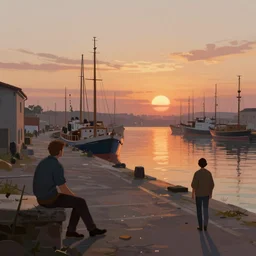 concept art by andrey surnov and federico pelat, cel shaded, cinematic shot, trending on artstation, high quality, brush stroke, sunrise goes back and forth in the port of impression