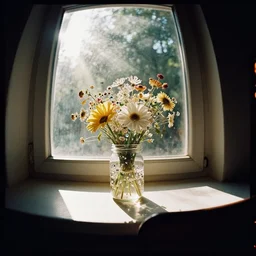 kodak portra 4 0 0, extreme fish eye, moody still life 1 8 4 5 portrait by giger beksinski of a single jar filled with flowers, sparkling jewels between a sunlit window, in bright warm sunlight, godrays shinging through the window, golden summer, muted colours, haze, trees outside, no people