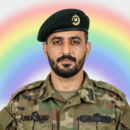 professional portrait of a middle aged arab man with a beard wearing military camouflage and a beret, rainbow background, 8 k, very intricate, very detailed,