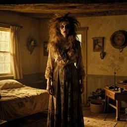 a still from the film o brother where art thou showing a bedroom but creepy woman with wild, untamed hair standing in a cabin in the 1 9 7 0 s, she is undead, seventies, golden hour, painterly, offset printing technique, by alexandre cabanel