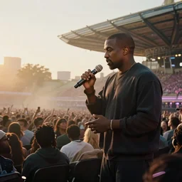 Kanye West hosting a listening party at Madison Square Garden, dreamy, atmospheric, golden hour, cinematic lighting, 8K concept art