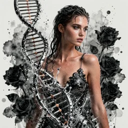 fierce wet fashion model, splash, sweat skin, liquid metal dna helixes, effervescent, black roses, poster art, high detail, intricate photograph and watercolor, deep mood, hyperrealism, 3 d, in the style of irakli nadar,