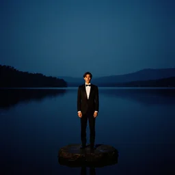 amazing landscape photo of lake at night by Charlie Waite, film still of a man wearing tuxedo standing on the lake, beautiful dramatic lighting, surrealism, sharp, smooth, detailed