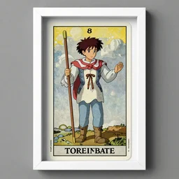 the fool tarot card as drawn by studio ghibli, whole card, white frame, concept art, zoom out