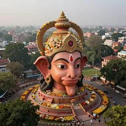 beautiful dreamy! biomorphic new delhi, hanuman!! head building, kalighat flowers, octane sharp cinematic, stephen shore & john j. park, soft morning light, wide shot, aerial photo, uhd 8 k, shallow depth of field