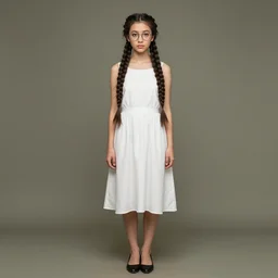 an award winning artistic photo, full body portrait of a attractive young woman with two thick braids, wearing glasses and a white dress, symmetric and beautiful face, very detailed, William-Adolphe, photo taken with Sony a7R