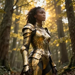 hyperrealistic mithra black woman in armor in a forest sun behind her concept art eric zener elson peter cinematic side soft yellow light low angle hd 8k sharp shallow depth of field