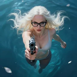 a beautiful + blonde + dragon queen + white hair + cool black glasses + holding pistol + tights + ana de armas + no time to die, floating under the deep dream water, beautiful smooth soft light + white petal, oil paint, cinematic lighting, octane render, unreal engine 5, closeup, 4 k, highly detailed, instagram,