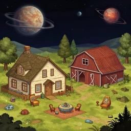 next to a farm house and a barn, on a remote planet, with retro sci fi furniture, from a space themed point and click 2 d graphic adventure game, detailed, set design inspired slightly by hg giger, art inspired by thomas kinkade