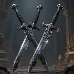 demigod welding 2 swords made from black ivory, 8K resolution, soft focus, depth of field, digital art, ominous, intricate, hyper detailed, Unreal Engine, trending on Artstation