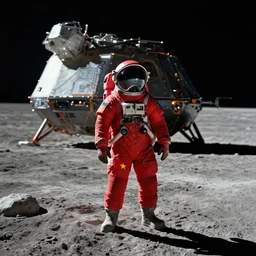 a lonely red cosmonaut holding vietnam flag, standing on the moon spaceship in the background, wide angle cinematic composition, concept art by greg rutkowski, octane render