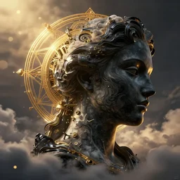 epic illustration, abstract sculpture of beautiful female face silhouette and black swirling liquifying acrylic portrait, fluffy clouds, mechanical superstructure, sacred geometry, glowing edges, golden hour, beautiful light, sculpture of carving marble, dark colors, dark mood, one point light, golden spirals, clockwork, epic matte painting, concept art, bokeh, digital painting