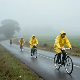 landscape in the mist, bike riders wearing yellow raincoats, 8 0 s cinema