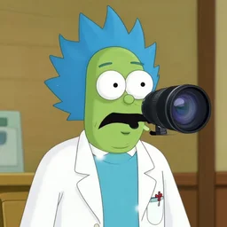 real life pickle rick with white labcoat and blue spiky hair, zeiss lens, photography