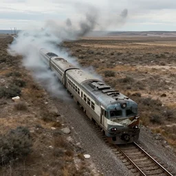 a damaged train travelling through a wasteland while a cloud of ghosts is chasing it from behind, bird eye view