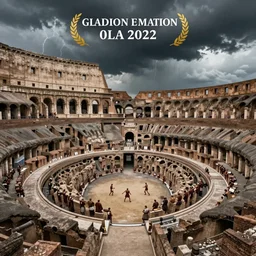 gladiator fight in the colosseum of ancient rome, thunderstorm, dark colors, hyperdetailed, realistic!!!,, professional photograph, award winning, top view, wide angle