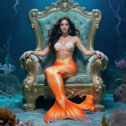 Fine Art photo of a beautiful siren with face of Shay Mitchell in an underwater throne room, Atlantis, mermaid, orange tail, seashell bralette, fashion photography