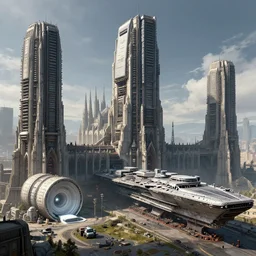 a beautiful scifi rendering of massive brutalist industrial military gothic cathedral buildings and mri machines by beeple and John Harris art, star wars, unreal engine, artstationmassive aircraft carrier towers futuristic gothic cathedral architecture with hangar bays