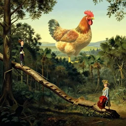 freudian slippery slope in the forest at high altitudes with gigantic chicken in the distant background by salvador dali