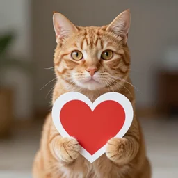 orange tabby cat holding a sign heart