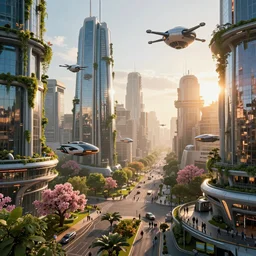 Sunrise over solarpunk city, many trees and blooming flowers, futuristic flying vehicles and drones, archdaily, architectural digest, busy streets filled with people, sun rays, vines, vertical gardens, utopia, beautiful glass and steel architecture, extreme detail, futuristic