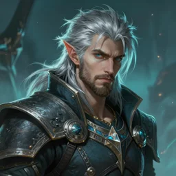 an epic fantastic realism comic book style portrait painting of an aasimar warlock, male, shaggy silver hair, short brown beard, d & d concept art, unreal 5, daz, teal aesthetic, octane render, cosplay, rpg portrait, dynamic lighting