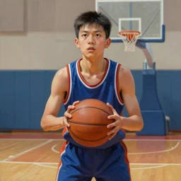 portrait of a boy at a basketball court playing basketball wearing a basketball uniform in a basketball court standing near the basketball hoop, painted in 2040, intense emotion, detailed facial expression, detailed surroundings, intricate, elegant, highly detailed, centered, digital painting, artstation, concept art, smooth, sharp focus, illustration, by (Peter Mohrbacher), WLOP
