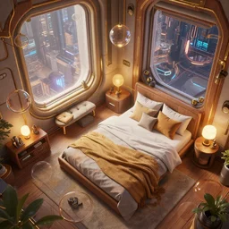 top down photo of a corner in a futuristic cozy bedroom from overwatch and oblivion movie, by wlop by jungyeonmin and james jean jhonseru jsezz artstation and greg rutkowski, with some wood and gold details, biomechanical, lens orbs, global illumination, with a window overlooking a cyberpunk metropolis, lounge, architectural, volumetric lighting, granular detail, japandi, hyperrealist, ( no people in the scene ) micro details, blender, vray