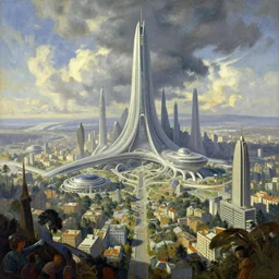 ground view of a utopia future city. style by peter elson and eyvind earle.