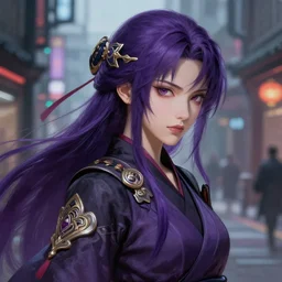 beautiful up close portrait pf 1 elegant anime ninja heroine 剑 网 1 walking in cyberpunk street, long purple dark hair, ornamental, intricate details, elegant, highly detailed hyperrealistic painting, artstation, concept art, painterly, sharp focus, illustration, epic art by hans jokem bakker, hd